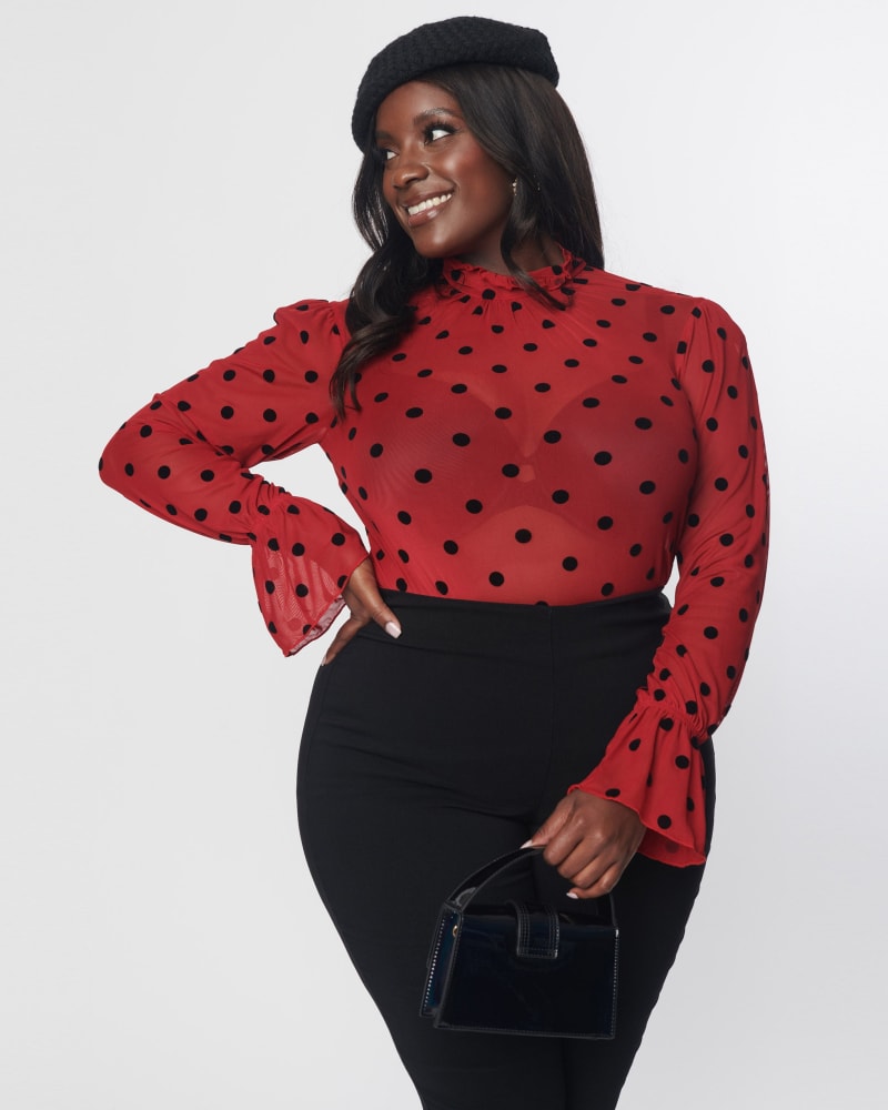 Front of a model wearing a size 3X Unique Vintage Burgundy & Black Polka Dot Donna Blouse in Burgundy Polka Dot by Unique Vintage. | dia_product_style_image_id:316286